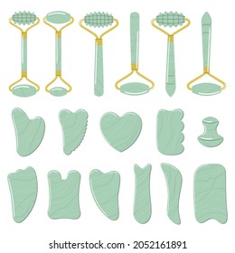 Big set of different gua sha stones and rollers are made of green aventurine. Facial gua sha scraping massage tools. Home beauty routine. Chinese skin care concept. Hand drawn vector illustration. 