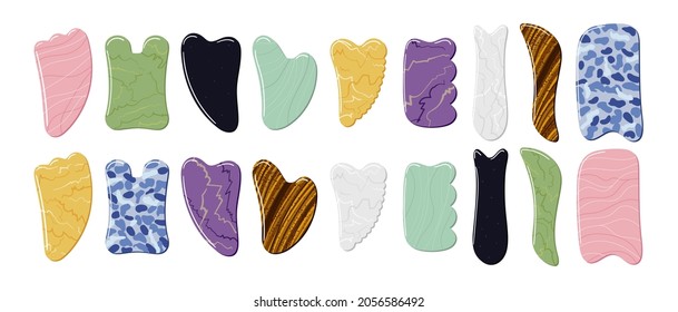 Se han colocado diferentes fuentes de las piedras de la sha de cuarzo, aventurina, jade, amatista, sodalita. Facial gua sha masajear las herramientas. Cuidados de piel chinos. rutina de belleza en casa. Ilustración vectorial dibujada a mano. 