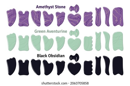 Big set of different gua sha stones are made of aventurine, amethyst, obsidian. Facial gua sha scraping massage tools. Chinese skin care. Home beauty routine. Hand drawn vector illustration. 