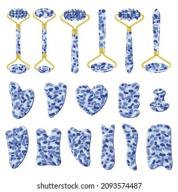 Big set of different gua sha stones and rollers are made of blue sodalite. Facial gua sha scraping massage tools. Home beauty routine. Chinese skin care concept. Hand drawn vector illustration. 