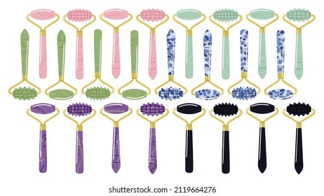 Big set of different gua sha rollers are made of quartz, aventurine, jade, amethyst, sodalite. Facial gua sha massage tools. Chinese skin care. Home beauty routine. Hand drawn vector illustration. 
