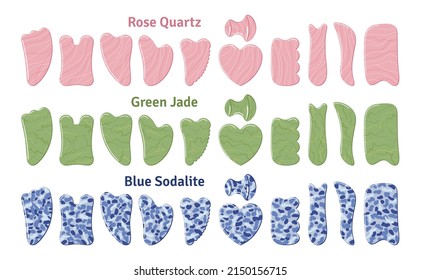 Big set of different gua sha stones are made of quartz, jade, sodalite. Facial gua sha scraping massage tools. Home beauty routine. Chinese skin care. Hand drawn vector illustration. 