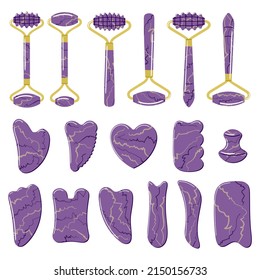Big set of different gua sha stones and rollers are made of purple amethyst. Facial gua sha scraping massage tools. Home beauty routine. Chinese skin care concept. Hand drawn vector illustration. 