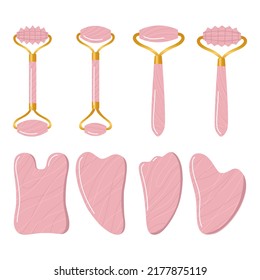 Se elaboran grandes conjuntos de diferentes gua sha y rodillos de quartz. Facial gua sha masajear las herramientas. Cuidados de piel chinos. rutina de belleza en casa. Ilustración vectorial dibujada a mano aislada en fondo blanco.