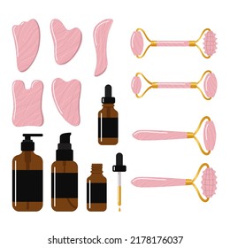 Big set of different gua sha stones and rollers are made of quartz. Facial gua sha massage tools. Cosmetic set. Home beauty routine. Hand drawn vector illustration isolated on white background.