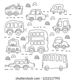 Big set of different hand drawn line toy cars in scandinavian style isolated on white. Perfect for t-shirt print design and textile