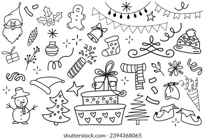 Big set of different hand drawn Christmas party decoration elements. Doodle vector illustration, line art. 