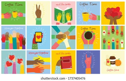 Big set of different hands illustrations.  Strong together many hands up. Hand with book. Coffee time poster with mug. Team building. Hands holding hearts. Coffee, burger for breakfast.