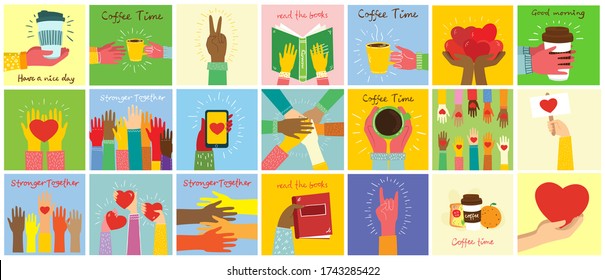 Big set of different hands illustrations.  Strong together many hands up. Hand with book. Coffee time poster with mug. Team building. Hands holding hearts. Coffee, burger for breakfast.