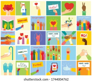 Big set of different hands illustrations.  Strong together many hands up. Hand with book. Washing hands. Coffee time poster with mug. Team building. Hands holding hearts. Coffee, burger for breakfast.