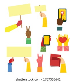 Big set of different hands illustrations. Strong together many hands up. Hand with book. Washing hands. Coffee time poster with mug. Team building. Hands holding hearts. Coffee, burger for breakfast.