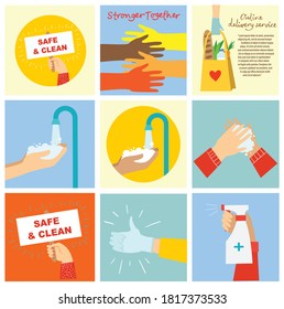 Big set of different hands illustrations. Strong together many hands up. Hand with book. Washing hands. Coffee time poster with mug. Team building. Hands holding hearts. Coffee, burger for breakfast.