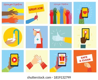 Big set of different hands illustrations. Strong together many hands up. Hand with book. Washing hands. Coffee time poster with mug. Team building. Hands holding hearts. Coffee, burger for breakfast.