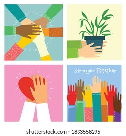 Big set of different hands illustrations. Strong together many hands up. Hand with book. Washing hands. Coffee time poster with mug. Team building. Hands holding hearts. Coffee, burger for breakfast.