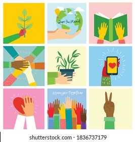 Big set of different hands illustrations. Strong together many hands up. Hand with book. Washing hands. Coffee time poster with mug. Team building. Hands holding hearts. Coffee, burger for breakfast.