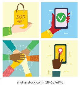 Big set of different hands illustrations. Strong together many hands up. Hand with smartphone and sale bag