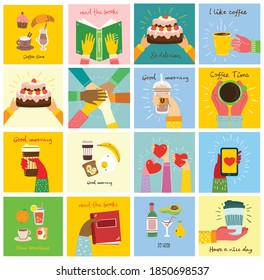 Big set of different hands illustrations. Strong together many hands up. Hand with book. Coffee time poster with mug. Team building. Hands holding hearts. Coffee, burger for breakfast.