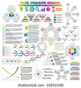 Big set of different infographics templates. Colorful labels, circular and pyramid charts, timeline elements. Vector illustration.