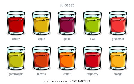 Big set of different juices of diverse colors in glasses vector bright illustrations or icons isolated on white, cartoon style logo or badge for pure fresh juice