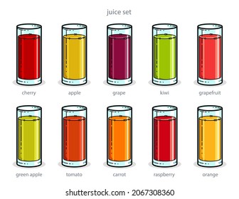 Große Auswahl verschiedener Säfte in verschiedenen Farben in Gläsern, Vektorgrafiken, helle Illustrationen oder Symbole einzeln auf Weiß, Cartoon-Logo oder Abzeichen für reinen frischen Saft