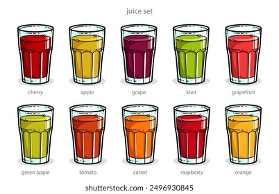 Big set of different juices of diverse colors in glasses vector bright illustrations or icons isolated on white, cartoon style logo or badge for pure fresh juice, diet food beverage healthy.