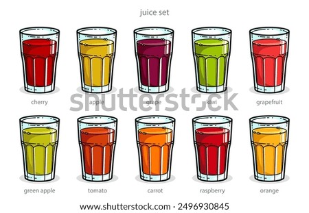 Big set of different juices of diverse colors in glasses vector bright illustrations or icons isolated on white, cartoon style logo or badge for pure fresh juice, diet food beverage healthy.