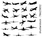 Big Set of Different Kind of Airplanes Silhouettes. In Flight, Running, Takeoff, Landing, Front, Profile, Back, Up and Bottom Views. High Detail, Very Smooth. Vector Illustration. 