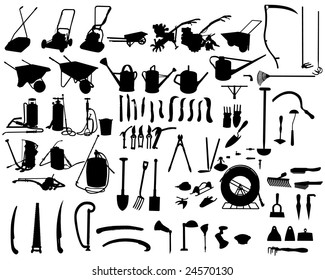 Big Set of Different Kind of Garden Tools Silhouettes. High Detail, Very Smooth. Vector Illustration. 