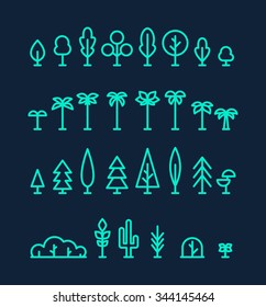 Big set of different kinds of trees: palms, pine, spruces, bushes, cactus. Design elements, vector illustration, trendy linear style.