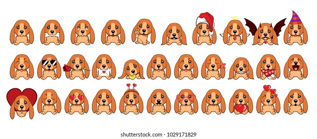 Big set of different little dogs. Brown puppies with different emotions. Basset Hound (Basset) Puppy