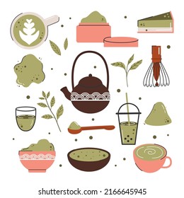 Gran surtido de diferentes productos de té matcha al estilo de los garabatos.  La cultura japonesa del té. Matcha Latte es una bebida saludable. Ilustración de moda de tipo vector dibujada a mano.