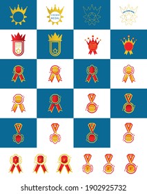 Big set of different medals and trophy crown icons logo. Big set of first, second and third place medals, winner and awards logo. Get vector icon illustration sign. Award vector icon. Modern logo art.