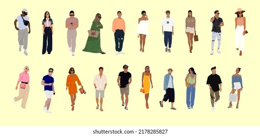 Big Set of different men and women wearing modern street style summer fashion outfit standing and walking. Cartoon style realistic vector art illustration isolated.
