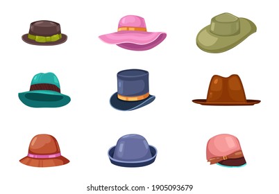 Big set of different men's and women's hats for different seasons and weather. Vector illustration in flat style.