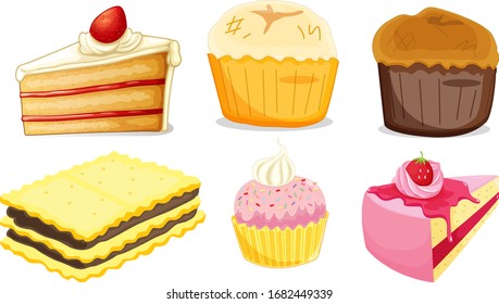 Big set of different menu for desserts on white background illustration