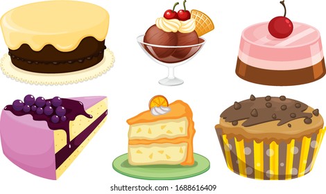 Big set of different menu for desserts on white background illustration