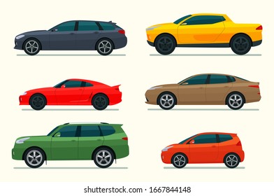 Big set of of different models of cars. Vector flat style  illustration.