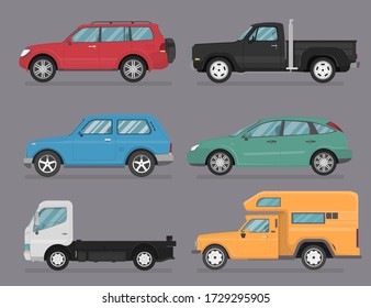 Gran conjunto de diferentes modelos de autos. Ilustración de estilo plano vectorial