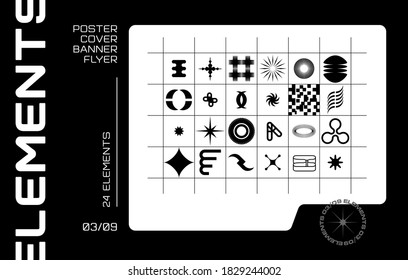 Big set of different modern symbols in minimalistic brutalism style. For created poster, banner, front page, flyer, web