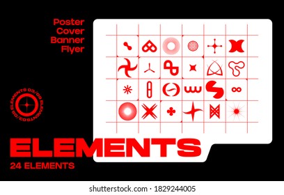 Big set of different modern symbols in minimalistic brutalism style. For created poster, banner, front page, flyer, web