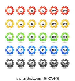 Big set of different nominal and colours casino chips isolated on white
