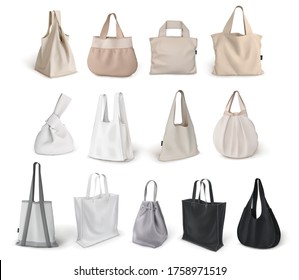 Big set of different options for eco bags made of fabric isolated on a white background. Vector 3d illustration on a white background. Mock up for printing, design.