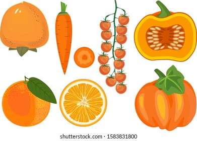 Big set of different orange color fruits and vegetables isolated on white background