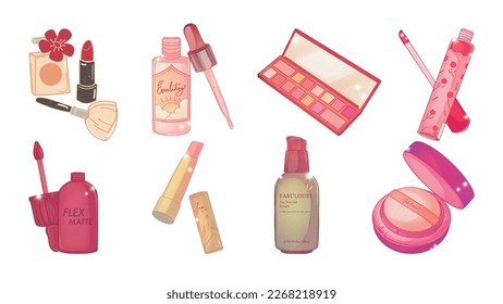 Big set of different packages for decorative cosmetics. Blank template of containers for eye shadow, lipstick, powder, serum and lip gloss. Vector illustration isolated on background.