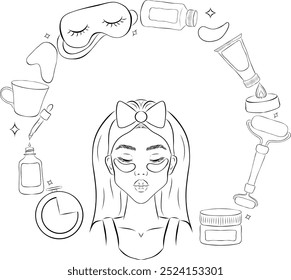 
Big set of different packages for decorative cosmetics icons set. Makeup tools vector illustration collection. Cartoon doodle. Circle composition.
