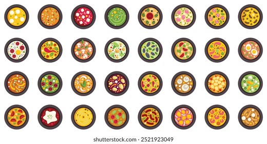 Big set of different pizzas with various ingredients on the black round plates being cooked in oven, top view, flat style vector illustration