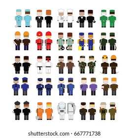 A big set of different professions in uniform two side