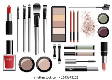 Big set of different realistic decorative cosmetics. Vector illustration