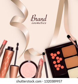 Big set of different realistic packages for decorative cosmetics. Blank template of containers for eye shadow, powder and mascara. Vector illustration isolated on background