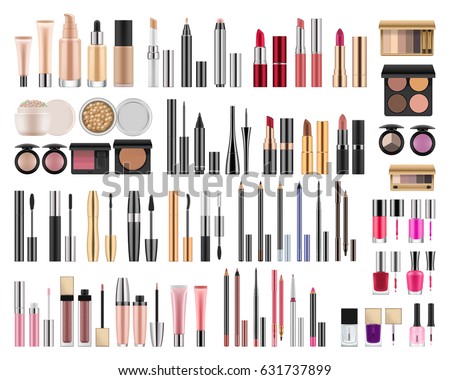 Big set of different realistic packages for decorative cosmetics. Blank template of containers for eye shadow, lipstick, powder, nail polish and mascara. Vector illustration isolated on background